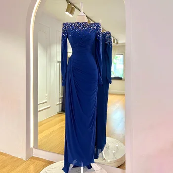 Luxusné Večerné Šaty Crystal Dlhé Rukávy Tmavé Kráľovská Modrá Šaty pre Ženy 2023 Morská víla/Trúbka O Krk Skromné Ples 