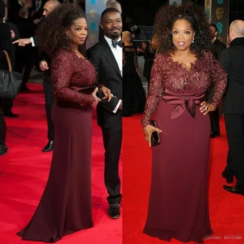 Elegantné Dlhé Rukávy Červený Koberec Večerné Šaty Plus Veľkosť Oprah Winfrey Plášť Celebrity Matky Šaty Čipky Formálne Prom Šaty