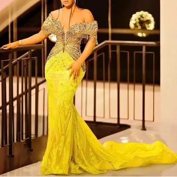 Módne dámske Čipky Poschodí Morská víla Šaty Večerné Šaty Pearl Skladaný Svadobné Žlté Šaty Elegantné Celebrity Prom Šaty
