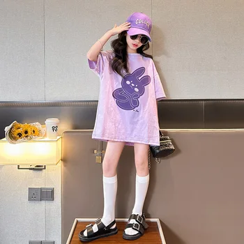 Kórejský dospievajúce Dievčatá T-shirt Krátkym Rukávom Módne Letné deti Cartoon Dlho T Voľný čas Detské Voľné Veľké T šaty