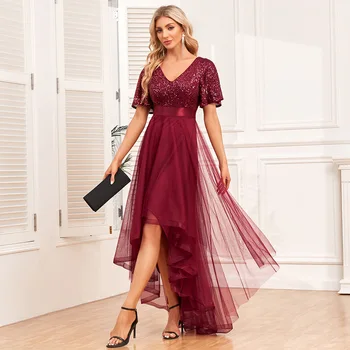 Elegantné tvaru rozstrapatené-krátke rukávy Večerné šaty s Elastický pás a nadýchané Tylu nepravidelný Party šaty župan longue rouge