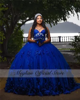 Mexiko Kráľovská Modrá Milú Quinceanera Šaty 2023 Korálkové 3D Kvety Korzet Prom Šaty plesové Šaty, Sweet 16 15 Župan De Bal