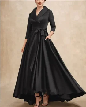 Elegantné Dlhé High-Low Satin Matka Nevesty Šaty Asymetrické Plus Black Ženícha Matka Šaty Na Svadbu