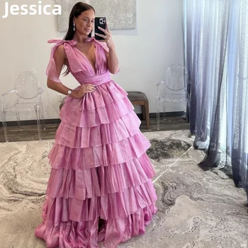 Jessica Ružová A-tvarované Princezná Prom Šaty Hlboké tvaru Multi-layer EveningDress Vestidos De Fiesta Svadobný Hosť, Maturitné Šaty