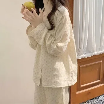 Oblek kórejský Noc Rukáv, Nohavice Sleepwear Prehrabať Ženy Pyžamo Jeseň Domov Čipky Dlho O-krku Nosí 2 Kvetinový Vintage štandardky