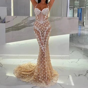 Sexy Crystal Korálkové Morská Víla Šaty Ples Vidieť Cez Špagety Popruhy Ilúzie Večer Party Šaty Na Zákazku