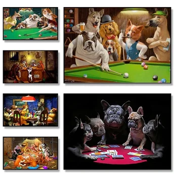 Abstrakt Legrační Zviera Pes Hrá Poker Hrať Biliard Plátno Na Maľovanie Na Stenu Umenie Obrázky, Plagáty Vytlačí Obývacia Izba Domova