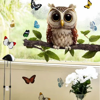 Sova motýľ strom pobočky stenu, nálepky, elektrostatické skle nálepky, dekoračné nálepky na stenu, samolepiace nálepky na stenu