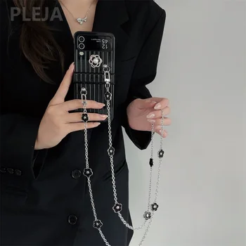 Kórejský Luxusné Kvetinové ozdobná šnúrka na uniforme Reťazca Telefón puzdro Pre Samsung Galaxy Z Flip 5 4 3 Z Flip3 Flip4 Flip5 5G Dievča Kryt Čierny Tvrdý Prípadoch
