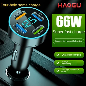 HAOGU Auto Rýchle Nabíjanie Cigaretový Zapaľovač Adaptér PD+QC+USB 4 Port 66WCharging Nabíjačku Mobilného Telefónu iPhone Xiao Samsung Huawei