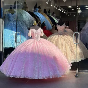 Ružový Trblietavý Diamanty Quinceanera Šaty Off Ramenný Opuchnuté Sukne Veľký Luk Princezná Sladké 15 vestidos de quinceañera 2024