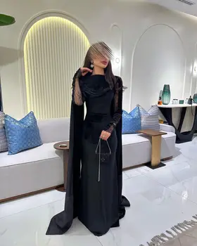 Elegantné Saudská Arábia Ženy Večerné Šaty Čiernej Čipky Jewel Tvaru Členok Dĺžka Šiat Prom Formálne Príležitosti Party Šaty