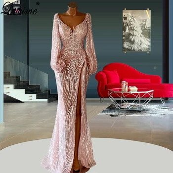 Blush Pink Trblietavý Prom Šaty 2022 Dlhé Rukávy Formálne Večerné Šaty Pre Svadobné Vestidos De Mujer Skromné Zapojenie Plášte