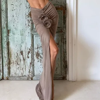 Gtpdpllt Elegantné Ruched Split Maxi Sukne Pre Ženy, 3d Kvetinovým Nášivka Výbava Módne Oblečenie Dovolenku Plaviek Y2K Sukne Dno