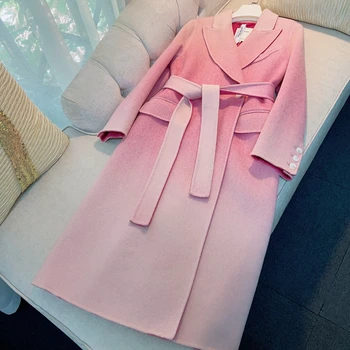 Ružová Dlhý Zimný Kabát Ženy 2023 Luxusné Dizajnér Elegantné Dvojité Breasted Tweed Bunda Kórejský Módne Manteau Femme Hiver Outwear