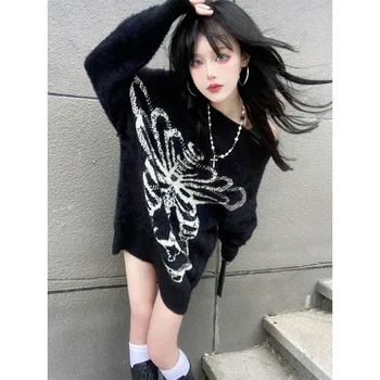 Y2k Estetické Čierny Sveter Streetwear Módy pulóver Lebka Gothc Ženy Jumper Harajuku Voľné Grunge Knitwear