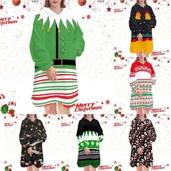 Fleece Dámske Tuniky Vianočné Šaty Jeseň Zima Bežné Domáce Oblečenie Mimo Deka s Kapucňou s Kapucňou, Hustý Pot Tričko pre Ženy