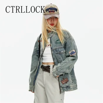 CTRLLOCK Rock Streetwear O-krku Voľné Dlhý Rukáv Štítky Pozdĺžne Umyté Ženy Denim Kabát