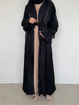 Ramadánu Black Satin Moslimských Kimono Abaya Turecko Islam Skromné Šaty, Hidžáb Jalabiya Pre Ženy Kebaya Župan Femme Musulmane Kaftan