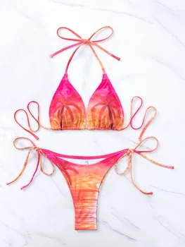 Sexy Gradient Farba Tropické Bikini Set 2023 Trojuholník String Brazílske Plavky Ženy, Ružové A Oranžové Plavky, Plavky Leto