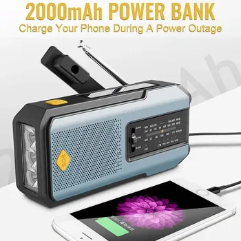Multifunkčné Rádio Ručne Kľukou Solárne Nabíjanie pomocou pripojenia USB FM AM WB 2000mAh Počasie Rádio Núdzové LED Baterka Pochodeň Power Bank