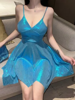 Modrá Sexy Pozlátené Lesklé Mini Šaty Vysoký Pás Nádrž Šaty Pre Ženy Backless Sexy Elegantné 2023 Nové Vrcholy kórejský NONW