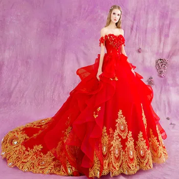 2021 Plus veľkosť Červené Svadobné Šaty So zlatým appliques svadobné šaty Ramena vestido de noiva Libanon Župan De Mariee