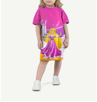 Disney Princezná Očarený Rapunzel Tlačené Šaty Letné detské Vrecku Nosiť Šaty Voľné Šaty Dievča Dieťa Krátke Rukávy