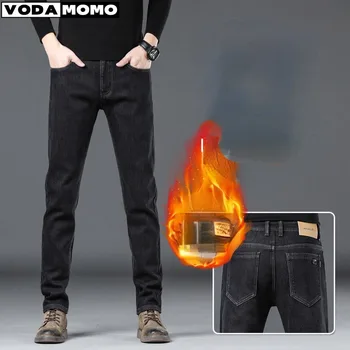 Jesenné a zimné nové plyšové a hrubé business džínsy na pánskej módy plyšové rovnou nôh jeans pánske dlhé nohavice, Džínsy y2k