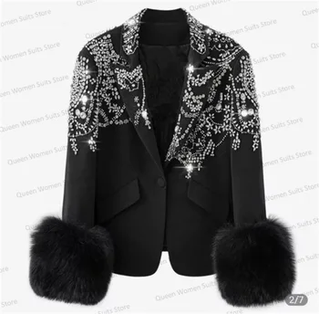 Luxusné Kožušiny Kryštály Black Žien Vyhovuje Nastavenie 1 Kus Bavlny Sako Formálne Prom Šaty Vlastná Veľkosť Jeseň Zimný Kabát Oblečenie